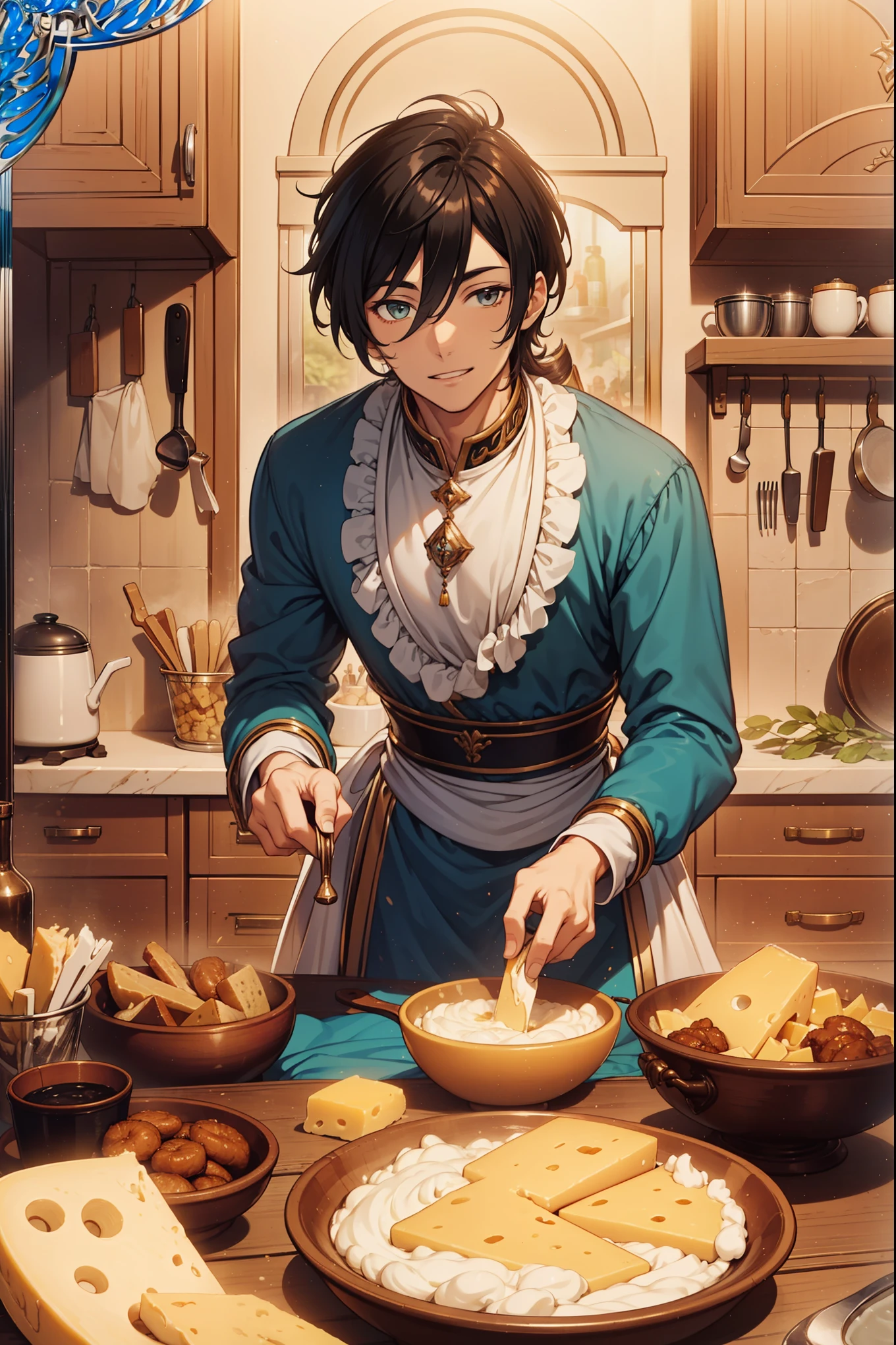 (Best quality, A high resolution, Textured skin, High quality, High details, High details,Extremely detailed CG unity), (male), handsome male, Enchanted,having fun,Being in love,cheese maker in fantasy world, exquisite costumes,solo person,day, Dazzle, male, handsome, (kitchen), (in kitchen), more details, detailed kitchen scene, (holding cheese:1), cheese everywhere, cheese products, cream, cheese