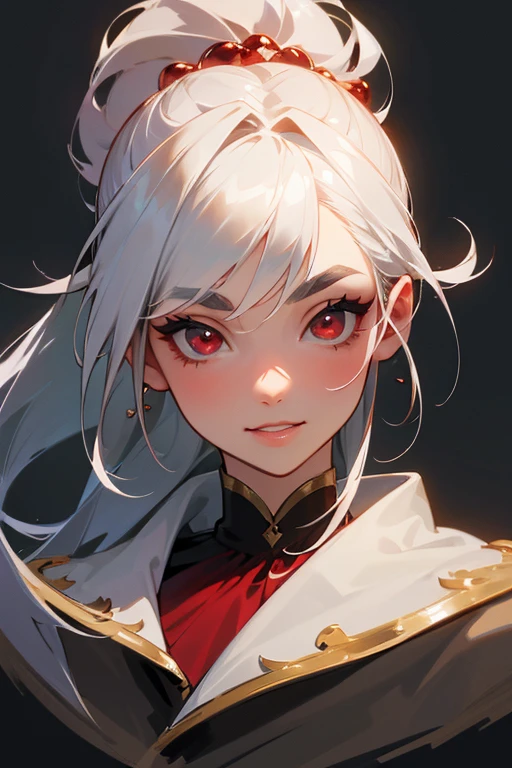 (highest quality, masterpiece:1.2), High resolution, Very detailed, Realistic:1.37, Fantasy, An illustration,Gray Hair、 Red eyes、Queen, White Dress、Platinum decoration、beautifully、Eyeshadow Red、Thick eyebrows、Long eyelashes、pupils are black、shiny on the lips、Top Sites、Queen、Princess、ponytail、A kind smile、Show your teeth a little and smile、Soft impression、people々々々々Loved by、Narrow your face、