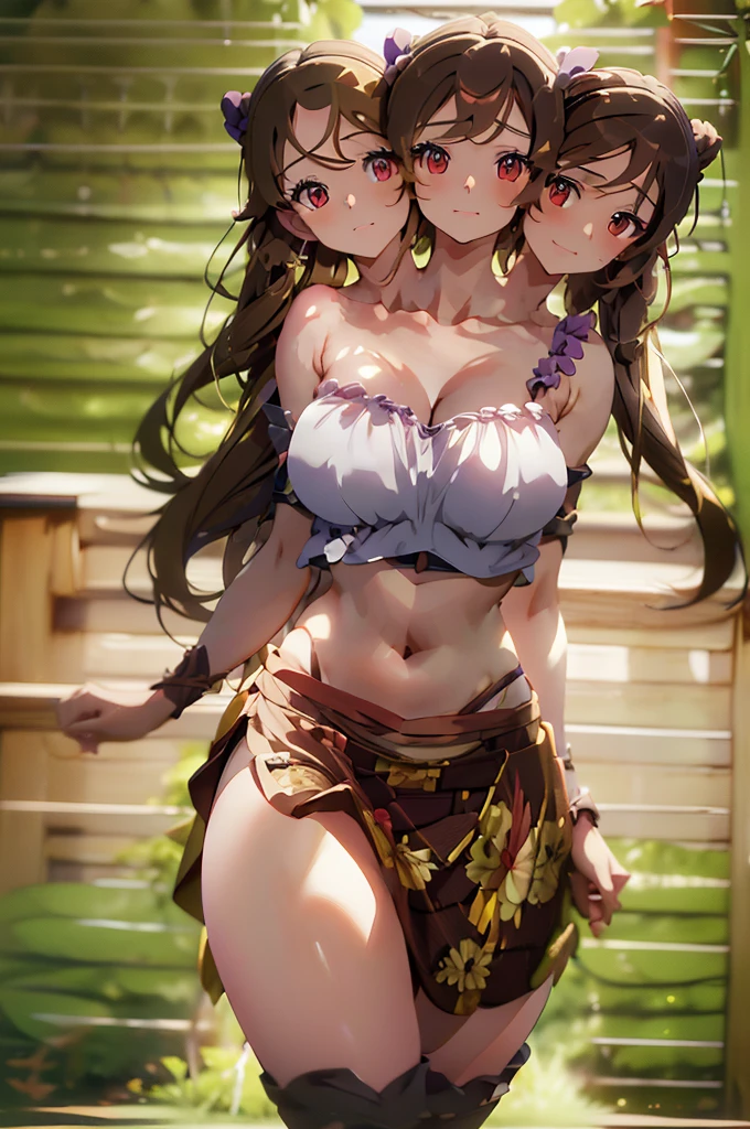 (masterpiece, best quality), best quality, (ultra-detailed), (3heads:1.5), 1girl, (hatate himekaidou:1.3), masterpiece, best quality, ultra quality, ultra resolution, ultra detail, pinkish top, with purple trim, crop top, ((stomach)), midriff, ((groin)), black/purple checker pattern skirt, normal ears, shackles, long brown hair, very long hair, wavy hair, pigtails, brown eyes, parted lips, detailed eyes, sweat, cute, toned belly, hand on own chest, eyelashes, (24 year old woman:1.3), (masterpiece:1.5), (best quality:1.5), (beautiful detailed), extremely detailed CG, extremely delicate and beautiful, depth of field, (finely detailed face), (perfect details:1.2), (mature female:1.3), wide pelvis, slender, large veiny breast, 16k resolution, highres, very high quality, very high definition, extremely detailed, masterpiece, brown hair, long hair, alluring presence, braid, short skirt, close up, big tits, young,