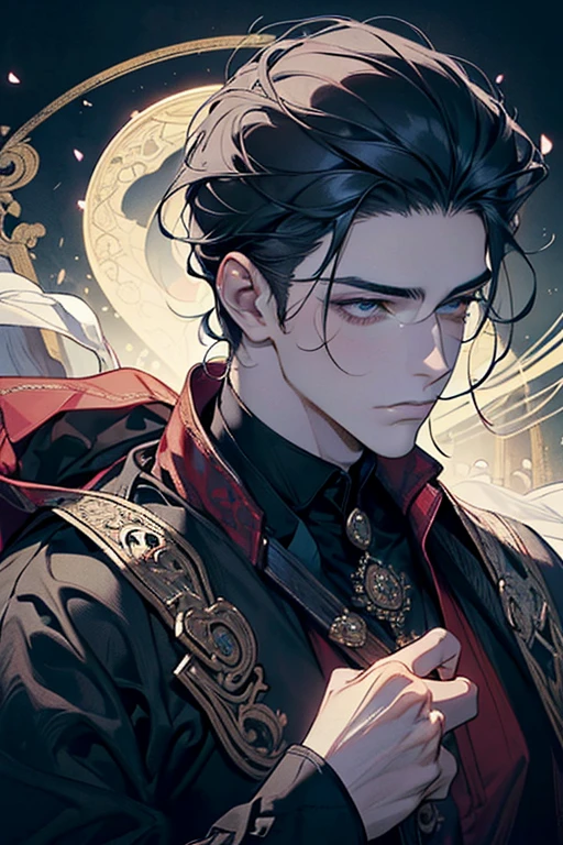 (melhor qualidade,adulto,1 homem,maduro,muito alto,elegante,cabelo ruivo curto,olhos escuros,bohemian style medieval clothing,fundo medieval de fantasia,soft lighting,erudito)
