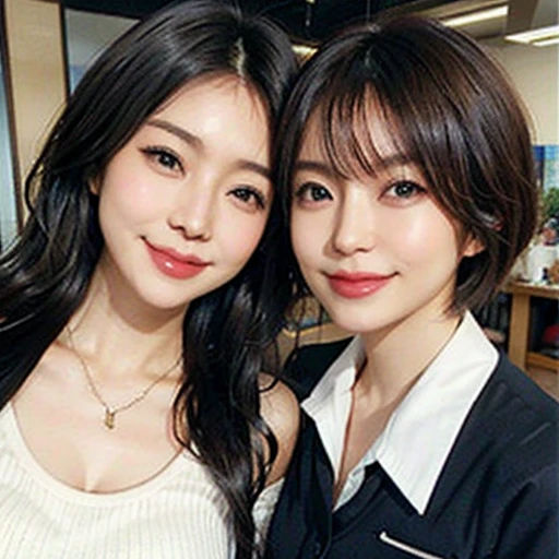 close-up of two identical japanese woman in tight shirts and leggings posing for a photo, sexy grin, in the livingroom, sexy body, sexy girl better known as amurant, sexy hot body, angel, amurant, gorgeous maid, fat, perfect body, in the livingroom, sexy image, cooking, young beauty, busty.