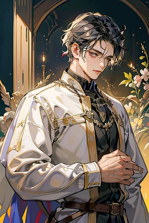 (melhor qualidade,adulto,1 homem,maduro,muito alto,elegante,cabelo ruivo curto,olhos escuros,bohemian style medieval clothing,fundo medieval de fantasia,soft lighting,erudito)