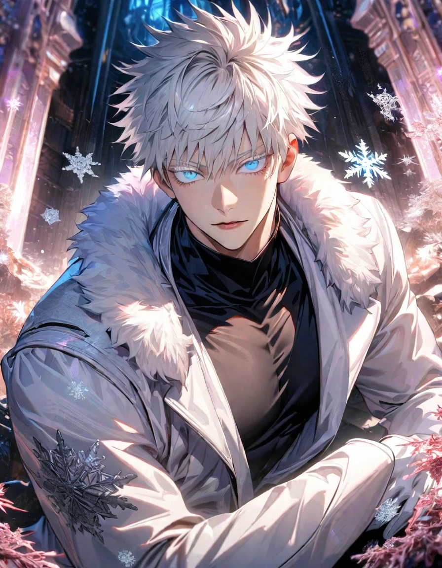 Ultra detailed, highres, absurdres, HDR, Gojou Satoru, white hair with bangs, blue eyes, white eyelashes, Jujutsu Kaisen, fantasy, white gloves, sexy man, handsome, very detailed face and eyes, white long coat, tone chest, pink ice, black tight shirt with patterns, snowflakes, sanctuary,