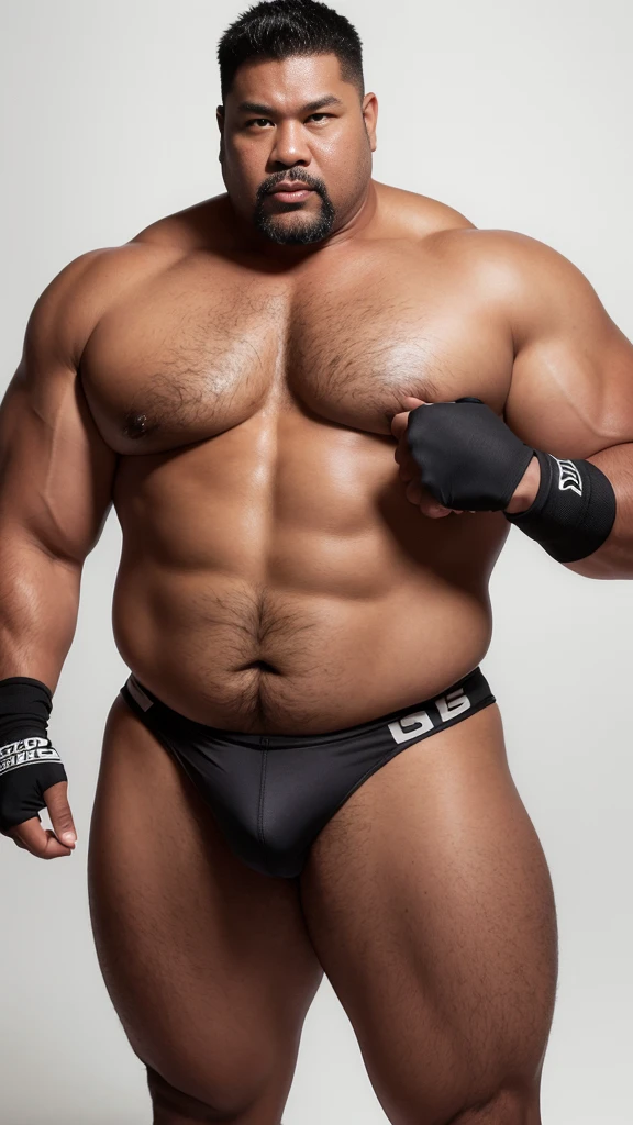 black hair, middle-aged man, individual, male, Muscular wrestler, muscular, Stout wrestler, Asian, Japanese, uncle, 55 year old middle-aged man, short hair, short hair, red wrestling boots, full body portrait, shadow, Vision, red briefs, obesity, 45 years old, short beard, middle-aged man, tattoo, fingerless gloves, Wheat skin, shiny skin, dark skin, Show your pectoral muscles, sumo wrestler, bodybuilder, wide temples, Visible abdominal muscles, Smile, Fine hands, solid color background, pure white background, Surrealism, Panorama, 8k, super detail，show his strong back