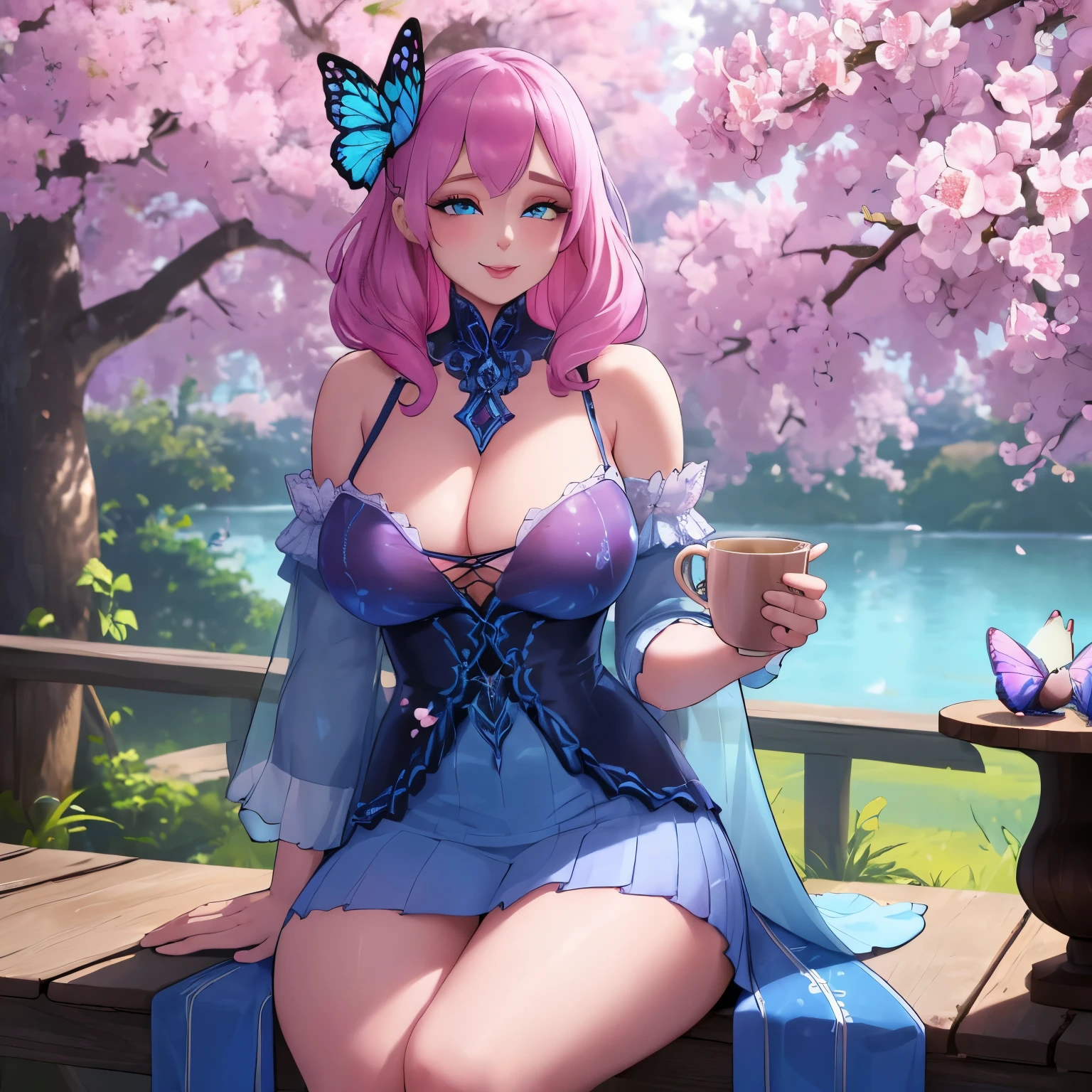 sparkling blue eyes, sitting in a blooming cherry blossom garden. The girl is surrounded by vibrant flowers and butterflies. She has a playful expression and is holding a cup of hot tea in her hands. The sunlight filters through the trees, creating a warm and dreamy atmosphere. The artwork should have high resolution (best quality, 4k, highres), and showcase ultra-detailed features of the girl's face and clothing. The style should be a combination of portraits and anime, with vivid colors and a touch of fantasy. The color tone should be bright and pastel, with soft lighting to enhance the magical ambiance.