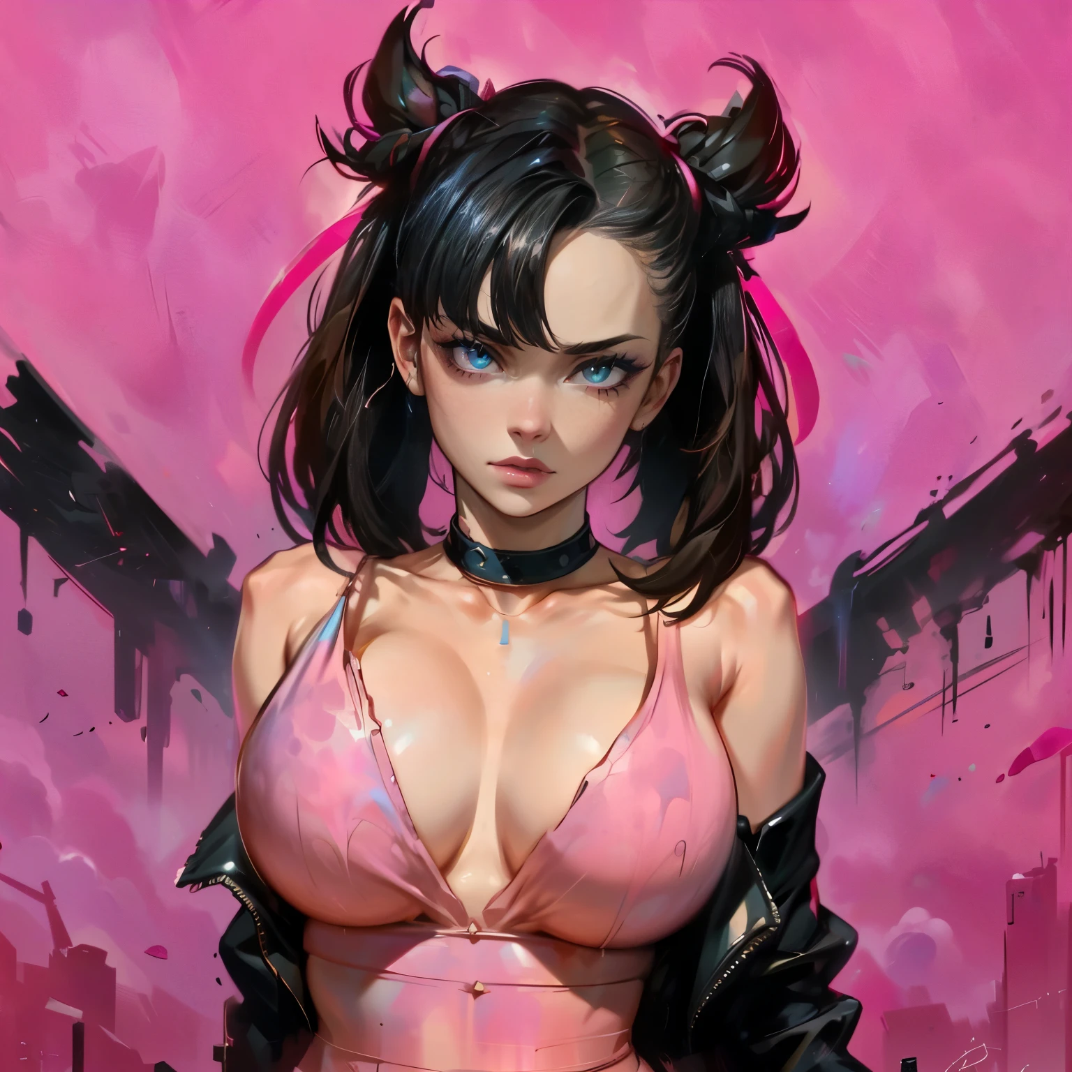 ((masterpiece, best quality)) Marnie, (pokemon), cutesexyrobutts, Big sleepy eyes, red lips, black jacket, full body, aqua eyes only head and shoulders, russian woman, adult woman, style boobapad, London background, Big Ben, fluffy clouds, upper body, portrait, breast focus, 1girl, perfect breasts, big breasts, asymmetrical bangs, asymmetrical hair, bangs, huge breasts, Pink ribbons in hair, Black choker, nipples.