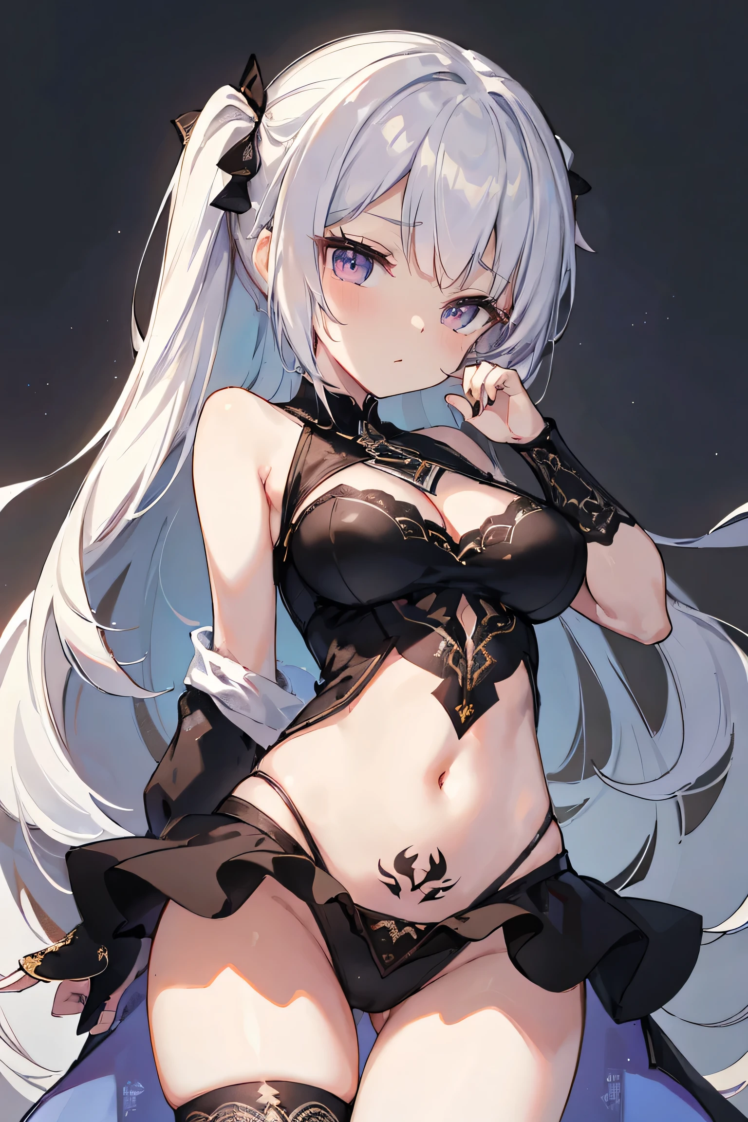 1girl, anime, cute girl, blank background, white background, fantasy, detailed fantasy dress with highlights, beautiful face, beautiful eyes, dark colors, black hair with multicolor streaks, red eye with different color pupil in eye, multicolor eye, medium breasts, slight cleavage, beautiful skin, cute, breast curtains, extremely delicate and beautiful, (beautiful detailed face:1.0), (detailed deep eyes), symmetrical breasts, deep eyes, shiny skin, portrait, slender waist, hips wider than shoulders, thighs, expressionless, young girl, luminous eyes, adorable,(Kpop idol),(aegyo sal:1),(Platinum blonde hair:1),((puffy eye)),Black panty,sexy posture,Superskirt, Ultra-high resolution,Black collar,slim figure, Abdominal y tattoo, womb tattoo,Tight-fitting leg ring,y tattoo on half-body,Bare skin, Armored hand,Hidden fingertips,Hand covered,Arm covered,Fist covered,{{beautiful detailed fingers}}, tufts of hair, moderate beautiful breast:1.0,(masterpiece:1.2), best quality, high-res, HDR, perfect face, intricate armor, delicate blue filigree, intricate filigree, red metalic parts, detailed part, dynamic pose, dynamic lights, cute face, neutral expression