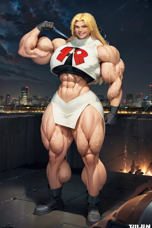 (((((Massive tall, beautiful, buff, brown skinned muscular goddess woman with yellow hair, ginormous bulky muscles and wearing a black sleeveless team rocket uniform with skirt))))), close view, (massive muscles), massive biceps, hyper muscle shoulders, (ginormous muscular arms), vascular shoulders, hyper muscle triceps, (flowing long hair), gray eyes, choker, black thigh high boots, (on the rooftop), confident smile, night, hyper vascular arm, hyper muscles arms, hyper muscle legs, (ginormous arms).
