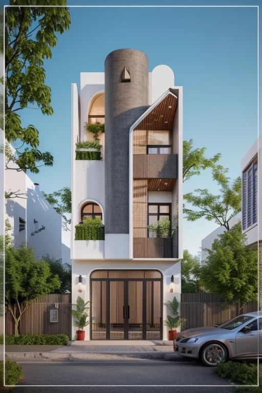 (Townhouse in city ,close houses and trees), daylight ( best quality) ((high solution)) ,(( photo realistic)) ,warm light, (sharp focont view of townhouse in style of modern,small house, Narrow area,VietNam,facade, curved arch,beautiful facade,curved windown,narrow and long ,two-storey,mutual colours, soft lighting, warm atmosphere,high Resolution, hyper detailed,4k ,vray render, octane render, hyper realistic, photography expert ,exterior design , professional photography, exterior photography,wide-angle shot , ultra detail , high Resolution , full frame, full body