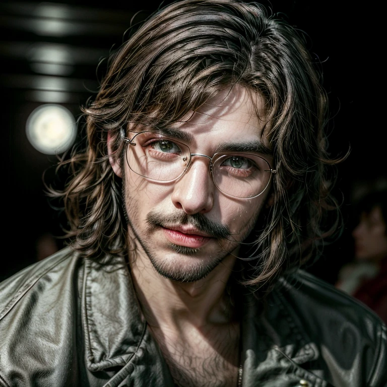 Masterpiece, best, night, full moon, 1male, mature man, man with mustache, glasses, leather jacket, brother, royal brother, smile, dark brown hair, dark hair, mullet cut, green pupils, hairpin, hydrangea, delicate face, face close-up.