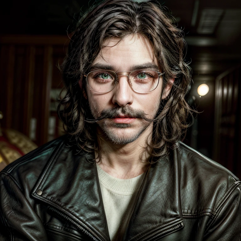 Masterpiece, best, night, full moon, 1male, mature man, man with mustache, glasses, leather jacket, brother, royal brother, smile, dark brown hair, dark hair, mullet cut, green pupils, hairpin, hydrangea, delicate face, face close-up.