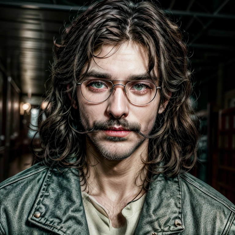Masterpiece, best, night, full moon, 1male, mature man, man with mustache, glasses, leather jacket, brother, royal brother, smile, dark brown hair, dark hair, mullet cut, green pupils, hairpin, hydrangea, delicate face, face close-up.