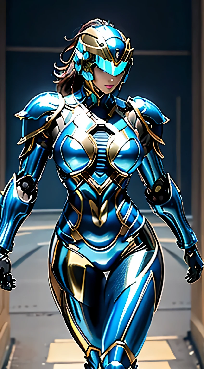 Female Robocop Solo、Bright outdoors、strong light source、8K, high quality, masterpiece, 最high quality、very detailed、Armor that completely covers the whole body、very large armor、Helmet covering the head、clear pictures、The eyes are hidden by thin, straight goggles:1.3、The lower half of the face is raw:1.5、Face exposed from nose down:5.0、Luscious lips、Fluorescent blue metallic armor with thin gold lines、Armor that completely covers the chest、Long, slender legs、Vibrant posel body view,Big and ample breasts:1.5, (Sports Body:1.5)、Five Fingers、Photos in the city