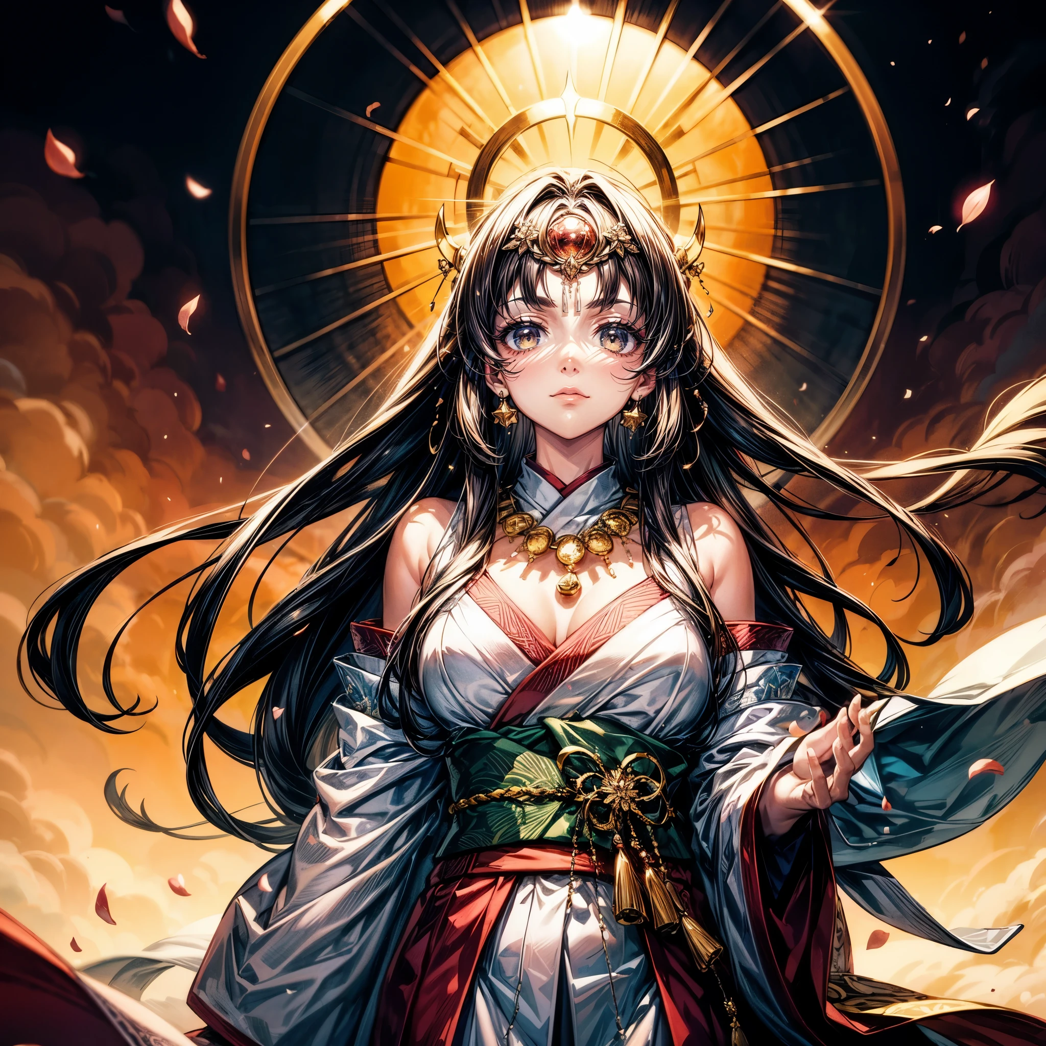 masterpiece,highest quality,Ultra high definition, Amaterasu, Japanese mythology, sun goddess, noble woman, Amaterasu, shining attire, sacred atmosphere, Ama-no-Iwato, beautiful nature, divine light, white and red kimono, long, black straight hair, (light amber eyes), light complexion, golden crown, delicate cherry blossom shaped earrings, necklace with shining sun motif, Gold ornament shining on the forehead, (two-parted bangs), whole body,smile,smiling,Big Sky Background,(hair parted in the middle)