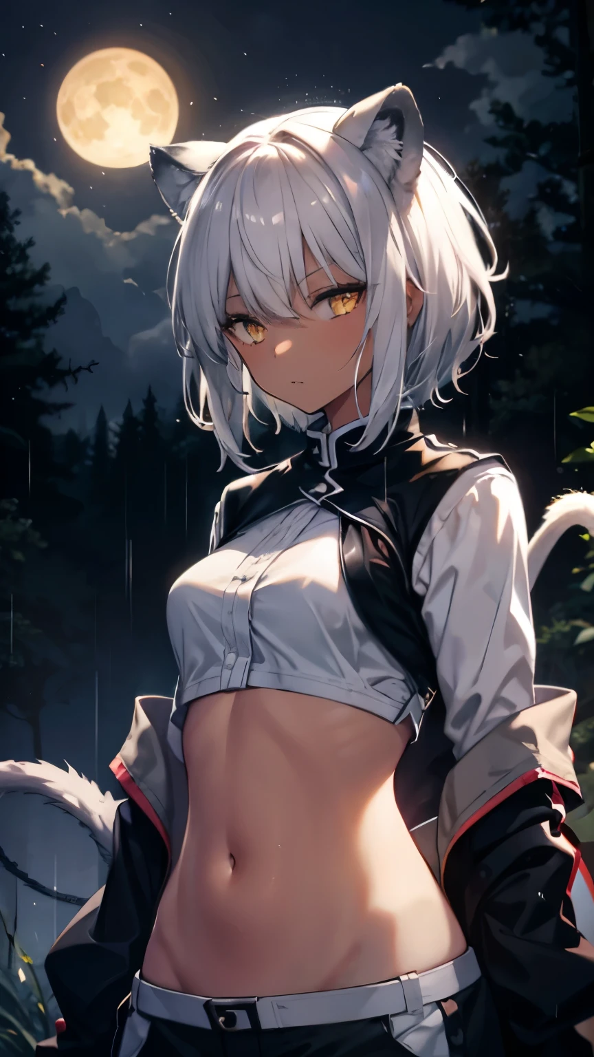 ,girl,Best image quality,,Grey Hair,,Yellow Eyes,Lion ears,Brown skin,Dark Skin,Lion&#39;s Tail,Short Hair,Straight Hair,Dense forest,Moonlit Night,rain,rainを浴びる,Navel sticking out,uniform,,Toned body,,,