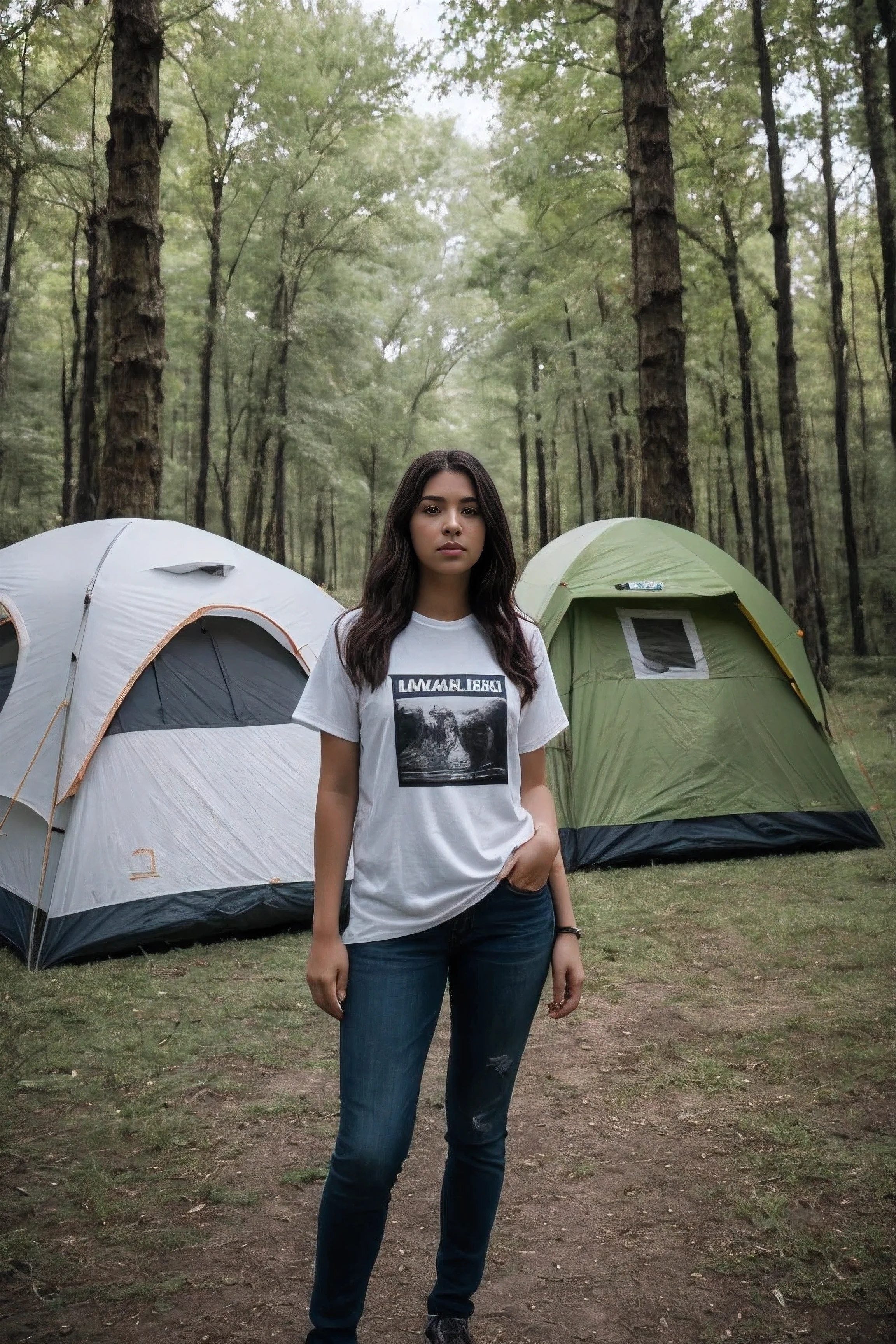 8k uhd, dslr, high quality , RAW photo, Realistic Photography , Full Body, Fujifilm XT3, Canon R5, Beautfiful age Female,  t-shirt , Camping in the middle of the forest