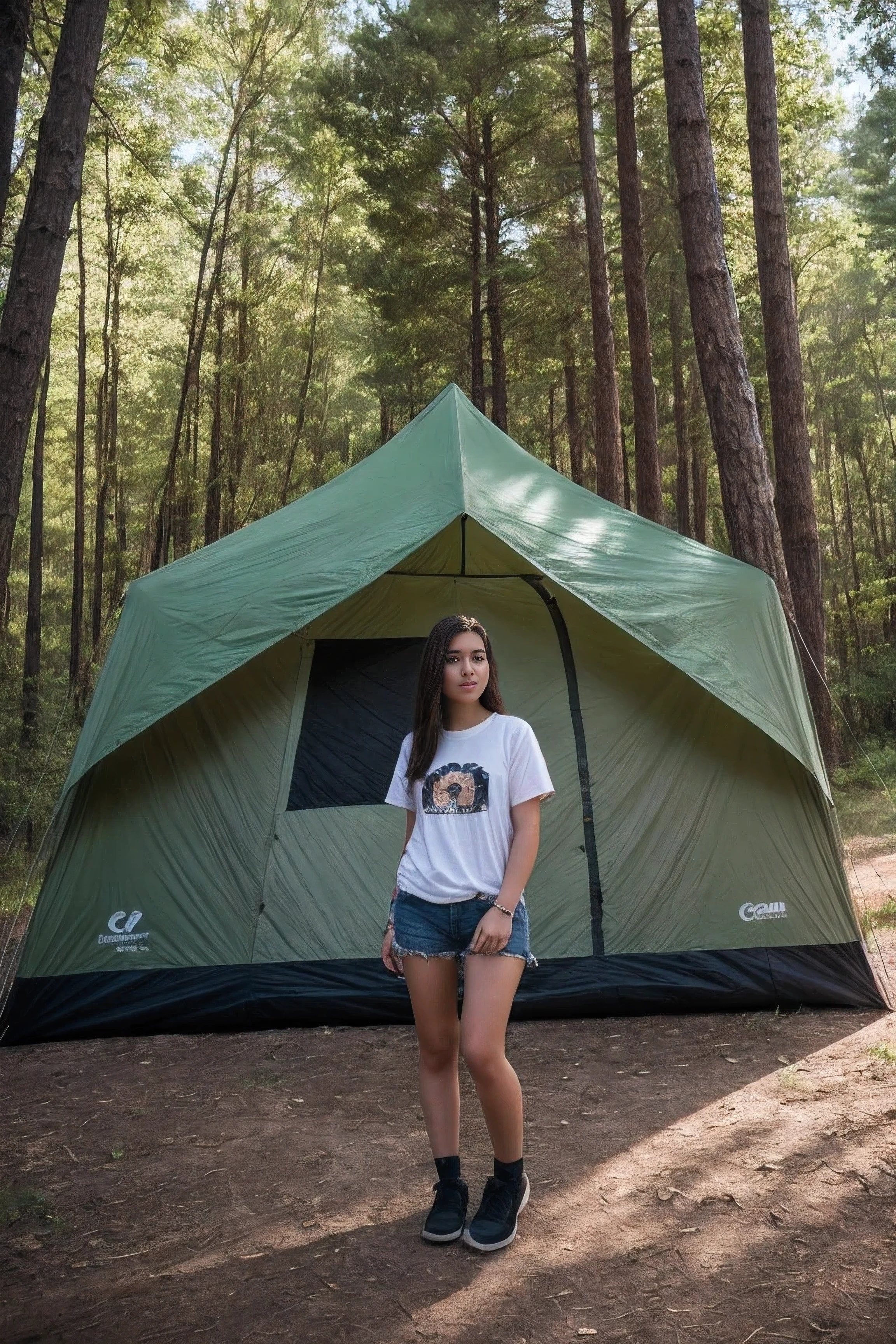 8k uhd, dslr, high quality , RAW photo, Realistic Photography , Full Body, Fujifilm XT3, Canon R5, Beautfiful Teenage Female,  t-shirt , Camping in the middle of the forest