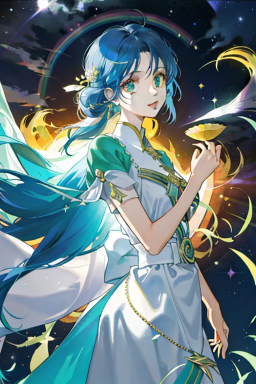 obra de arte, Necessidade do bem, 1 mulher, adulto,, tema escuro, Magic array, bolhas, Rainbow sun, embaixo da agua, Espelho, Folhas de vidro flutuante, Rainbow light, Redemoinho de bolha, wind vortex, Aurora, Paisagem de fantasia, Luz das estrelas ao redor dos personagens, (tronco)