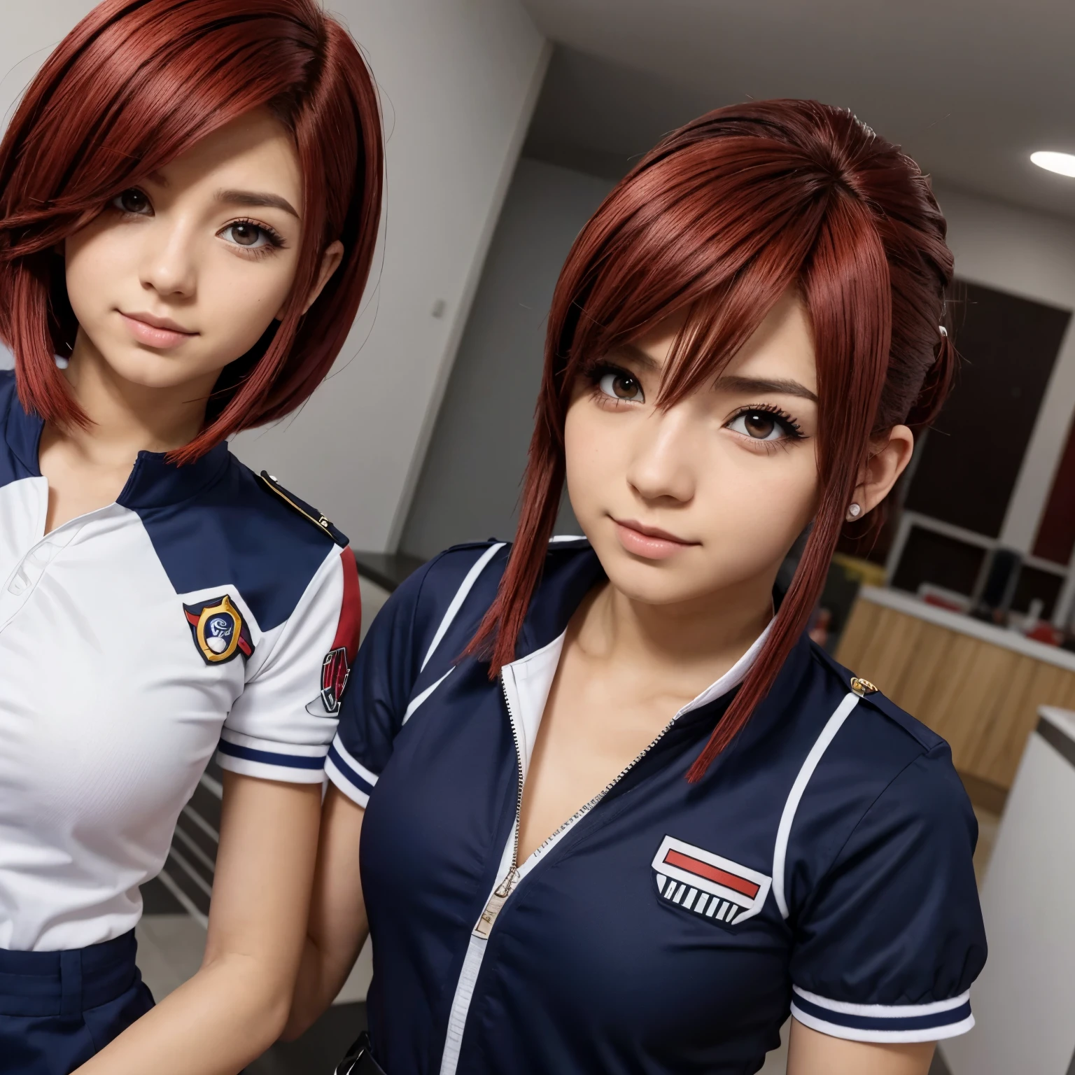 Es de anime con pelo largo y con flequillo con uniforme de my hero academia y unas alas rojas