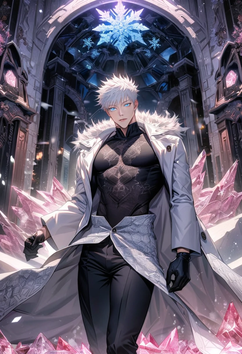 Ultra detailed, highres, absurdres, HDR, Gojou Satoru, white hair with bangs, blue eyes, white eyelashes, Jujutsu Kaisen, fantasy, black gloves, sexy man, solo, handsome, very detailed face and eyes, white long coat, tone chest, pink ice, black tight shirt with patterns, snowflakes, sanctuary, black pants,