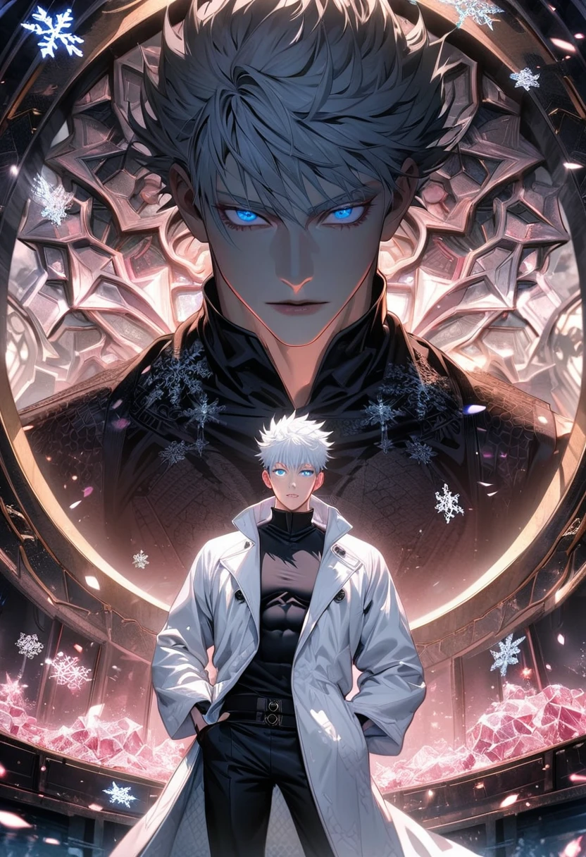 Ultra detailed, highres, absurdres, HDR, Gojou Satoru, white hair with bangs, blue eyes, white eyelashes, Jujutsu Kaisen, fantasy, black gloves, sexy man, solo, handsome, very detailed face and eyes, white long coat, tone chest, pink ice, black tight shirt with patterns, snowflakes, sanctuary, black pants,