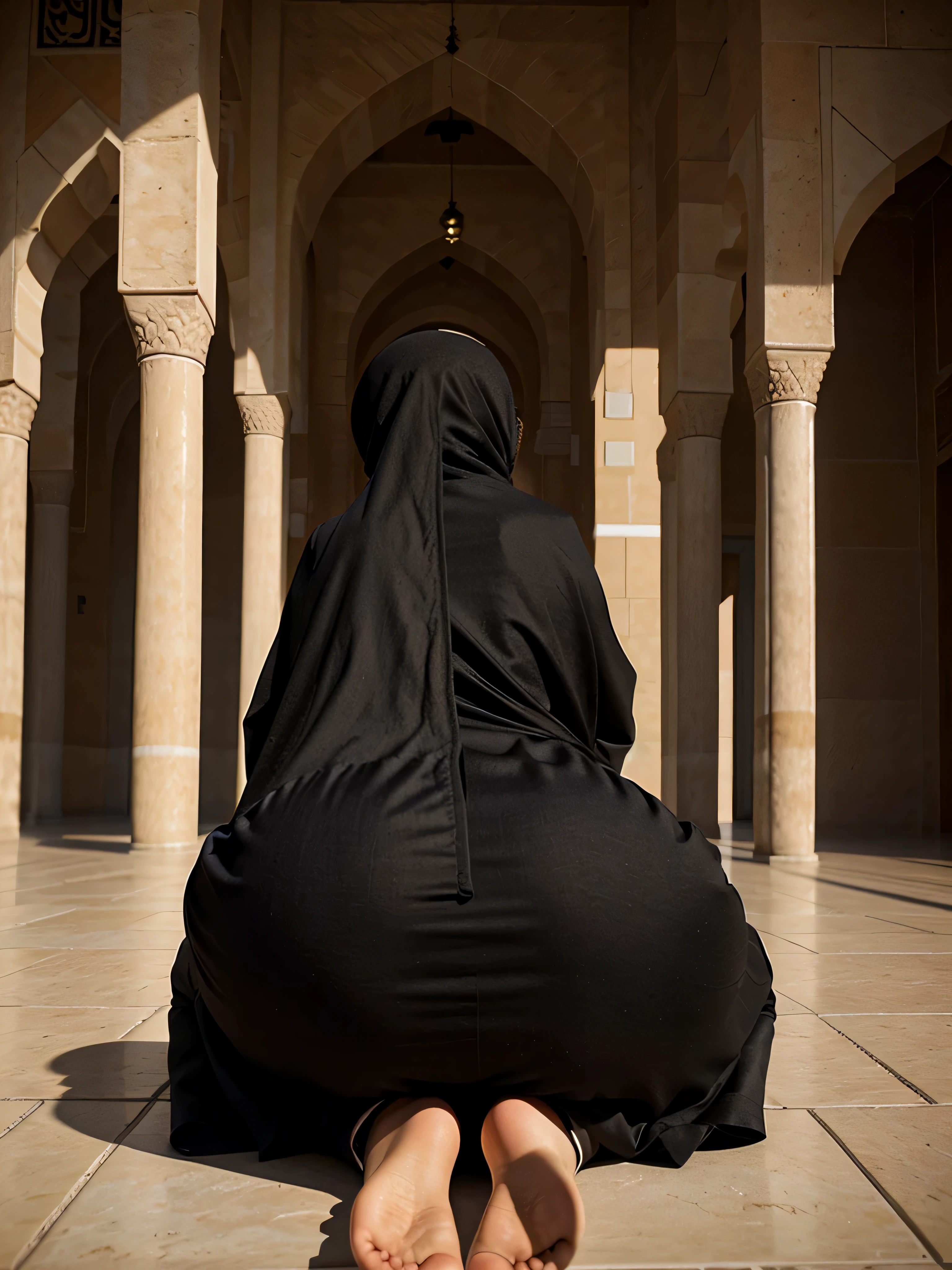 (realistic), (high quality), Arabic woman in hijab and niqab  praying at a mosque on her knees, rear view