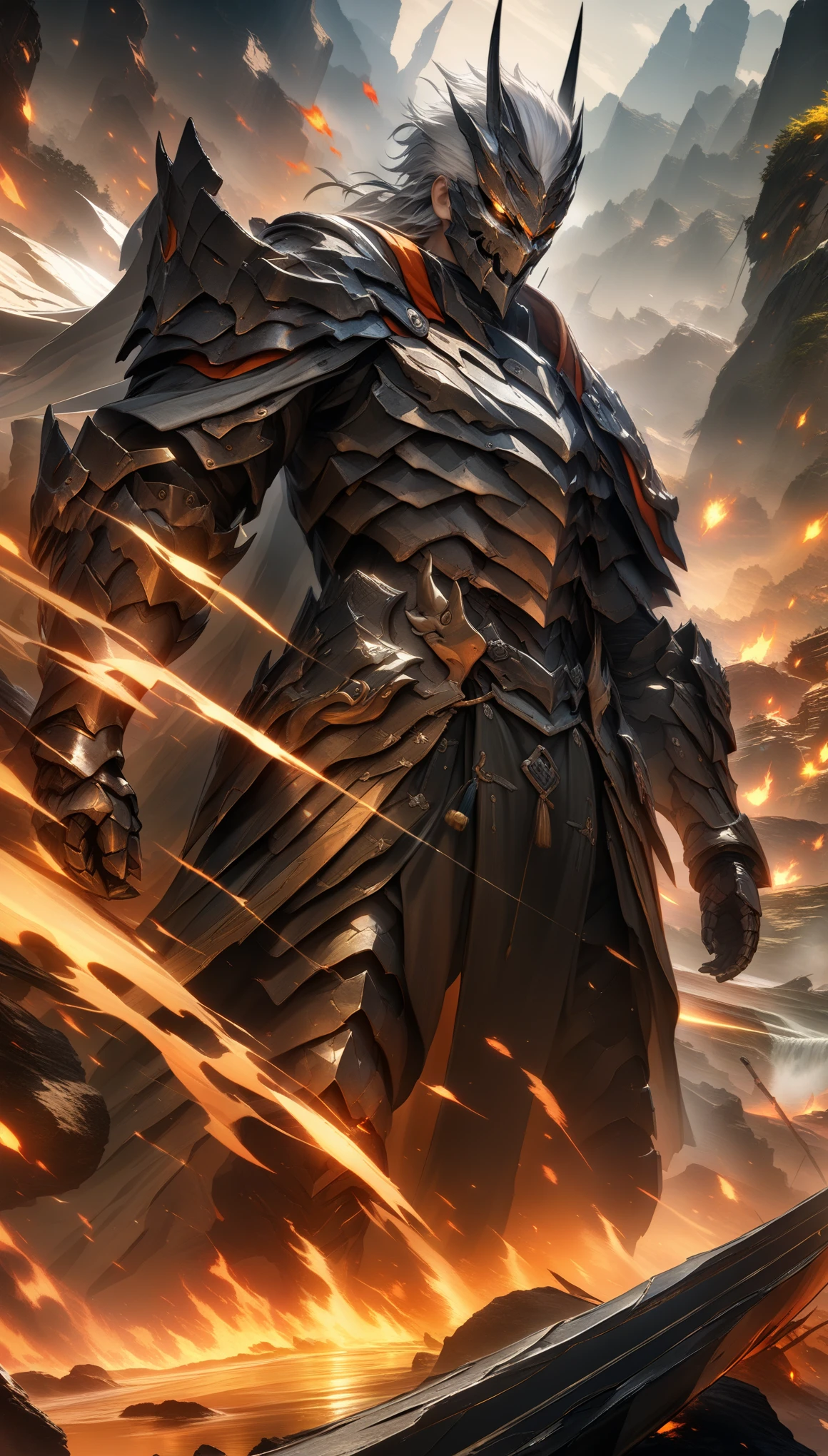 32k, best quality, ultra high res, HDR, UHD, extremely detailed CG, unity 32k wallpaper, ((Ultra-fine illustrations, 8k, masterpiece :1.2, Sharp focus :1.2, Depth of written boundary:1.2)), beautiful swordsman, Disorganized, Highly detailed face and skin texture, Silver Hair, Jet Black Armor, Flame Armor, cloak wrapped in flames, sword wrapped in flames, Wings of Fire, Determination to overcome sadness, There's a sign of determination in your gentle eyes , strong soul,