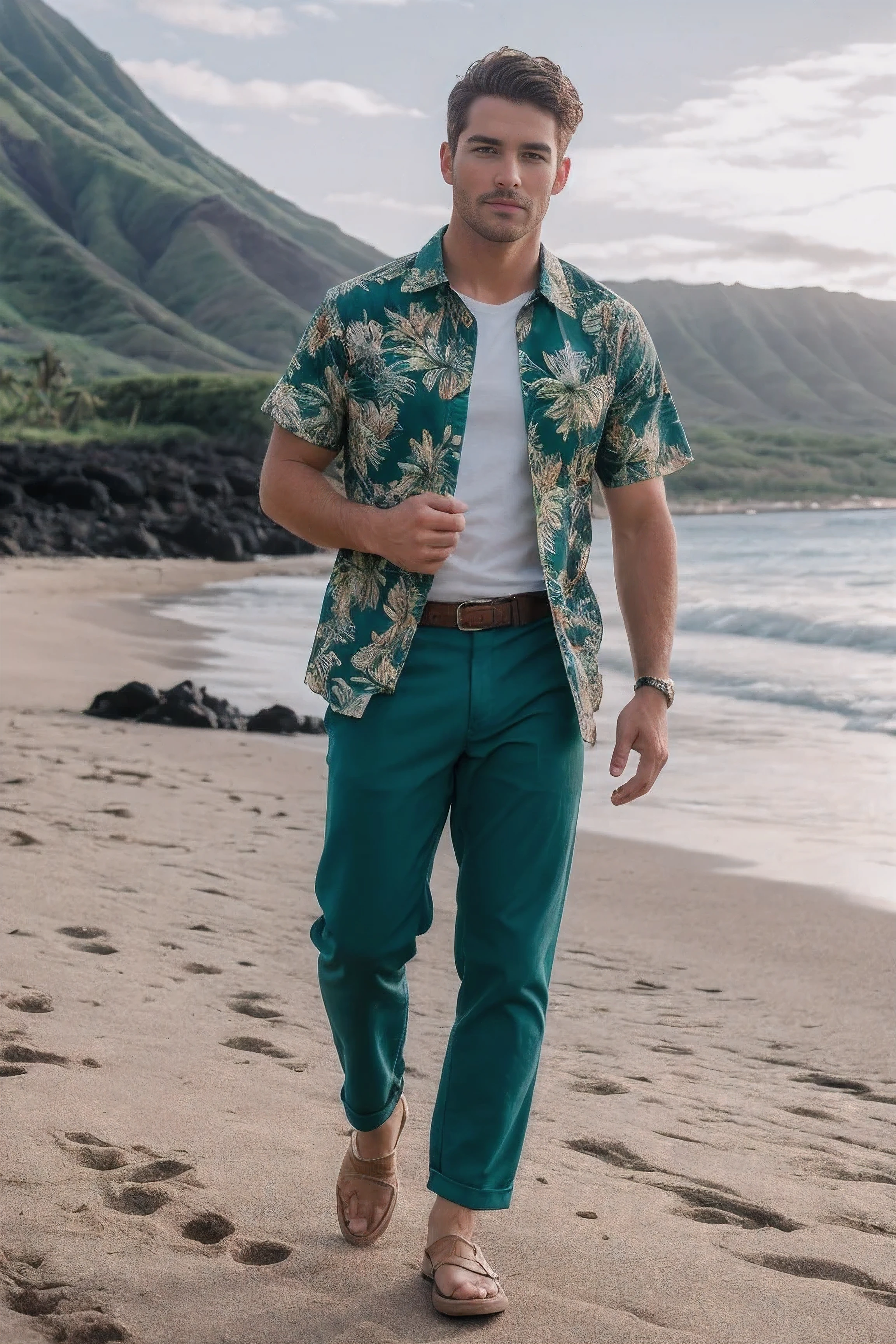 8k uhd, dslr, high quality , RAW photo, Realistic Photography , Full Body, Fujifilm XT3, Canon R5, Handsome Men , beach , Hawaiian shirt and loose green pants