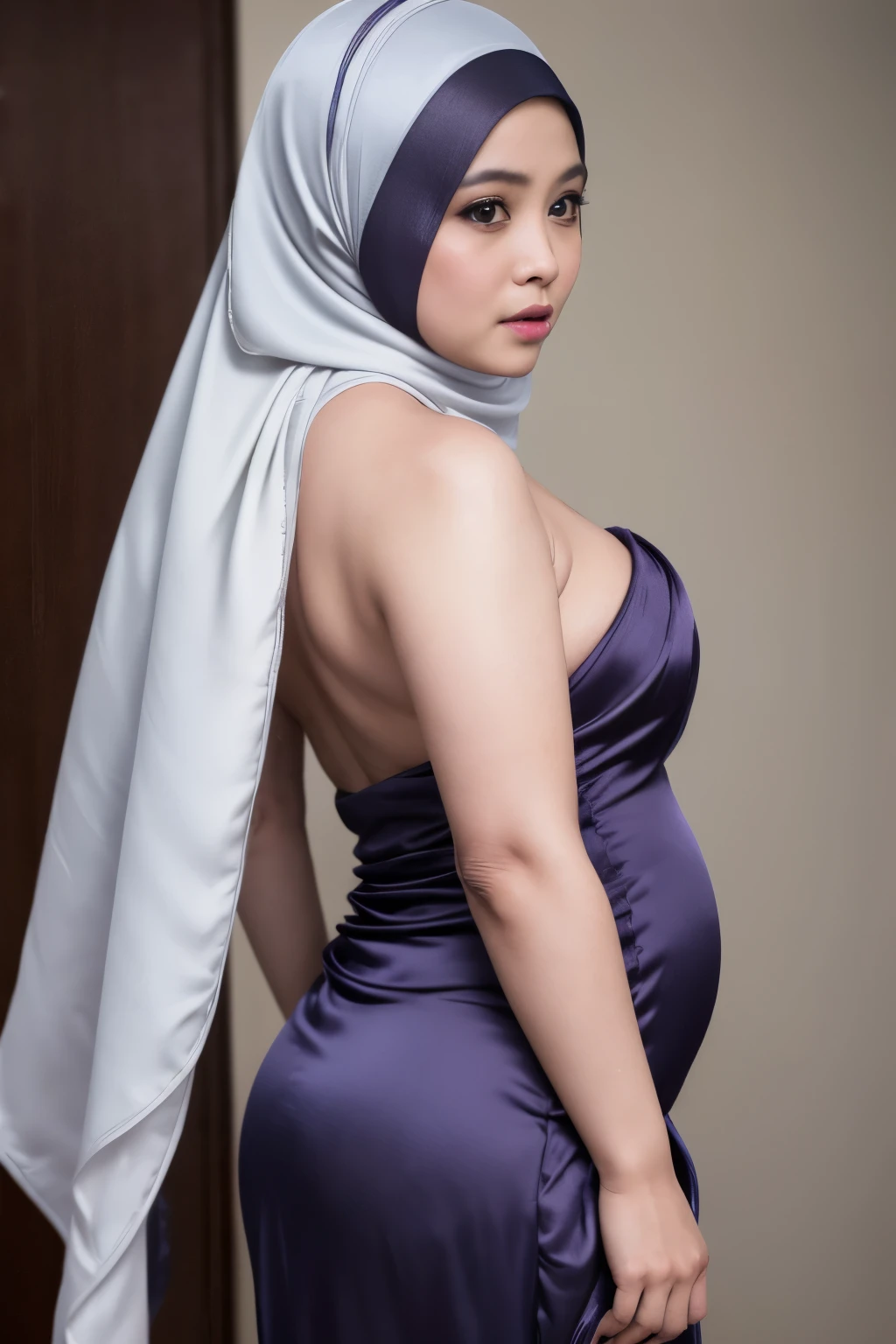 ((HIJAB)), ((Chubby:1.1)), ((Metured:1.6)), head to thigh bokeh photography of a mature 45 years old malay women wearing hijab and naked, side lighting, shocked face , front view, eye contact, ((wearing strapless satin)), (from behind up), seductive pose