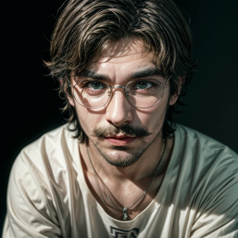 Masterpiece, best, night, full moon, 1male, mature man, man with mustache, glasses, tshirt,silver necklace, brother, royal brother, smile, dark brown hair, dark hair, buzz cut, green pupils, hairpin, hydrangea, delicate face, face close-up.