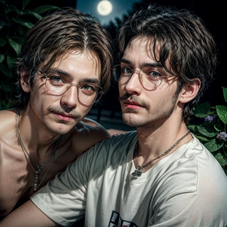 Masterpiece, best, night, full moon, 1male, mature man, man with mustache, glasses, tshirt,silver necklace, brother, royal brother, smile, dark brown hair, dark hair, buzz cut, green pupils, hairpin, hydrangea, delicate face, face close-up.