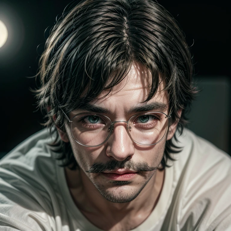 Masterpiece, best, night, full moon, 1male, mature man, man with mustache, glasses, tshirt,silver necklace, brother, royal brother, smile, dark brown hair, dark hair, buzz cut, green pupils, hairpin, hydrangea, delicate face, face close-up.