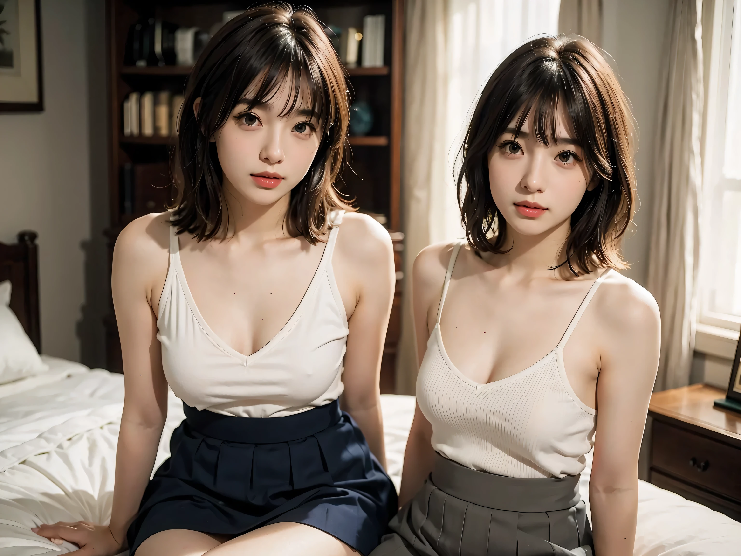 (masterpiece:1.2, highest quality), (realistic, photorealistic:1.4), beautiful illustrations, (natural side lighting, movie lighting), Depth of written boundary,
looking at the viewer, (face focus, Upper body), Front view, 1 girl, Japanese, high school girl, , perfect face, Cute symmetrical face, shiny skin,
(bob hair:1.7), asymmetrical bangs, Big eyes, droopy eyes, long eyelashes chest), thin,
beautiful hair, beautiful face, fine and beautiful eyes, beautiful clavicle, beautiful body, beautiful breasts, beautiful thighs, beautiful feet, beautiful fingers,
(beautiful scenery), evening, (bed room), (smile, Upper grade, open your mouth), (((Lift up your skirt and show your panties))),