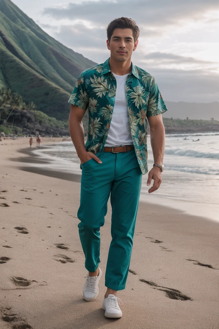 8k uhd, dslr, high quality , RAW photo, Realistic Photography , Full Body, Fujifilm XT3, Canon R5, Handsome Men , beach , Hawaiian shirt and loose green pants