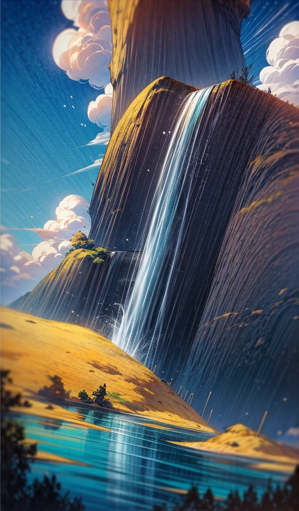 Masterpiece, best quality, high quality, extremely detailed CG unity 8k wallpaper, landscape, outdoor, sky, clouds, sky, no humans, mountain, landscape, water, tree, blue sky, waterfall, cliff, nature, lake, river , cloudy skies, award winning photography, bokeh, depth of field, HDR, bloom, chromatic aberration, photorealism, very detailed, trending on artstation, trending on CGsociety, intricate, high detail, dramatic, half way art