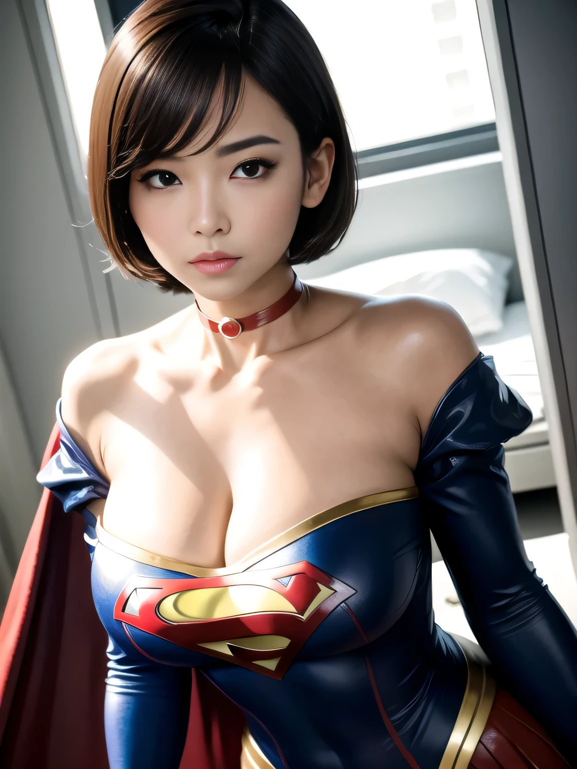 masterpiece、Enamel Supergirl Costume、Short Hair、Hospital operating table、Crisis situation、Big and ample breasts、looking at the camera、Shiny、Off the shoulder、choker、Long sleeve、Red exy poses to seduce、Sweaty、Model Body Type、Alluring、charm、Enchanting、abused、test subject、victim、Wild、Photorealistic、