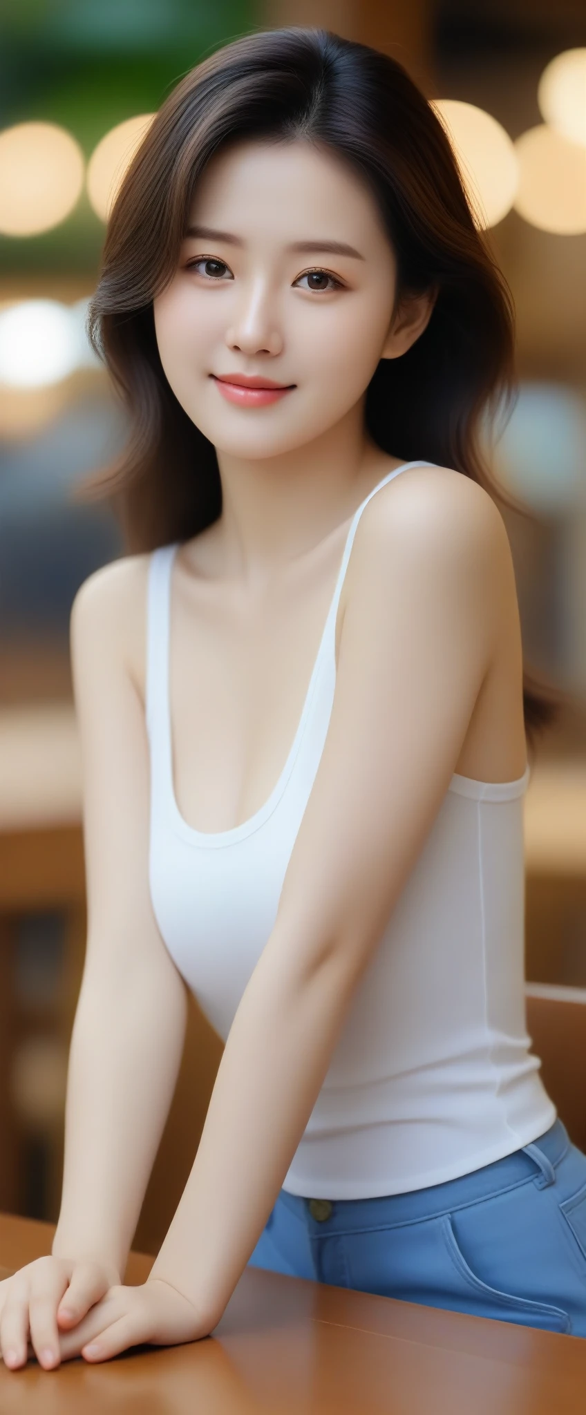 UHD, of beautiful korean female, 34 inch breasts size, slightly smile , wearing tank top, rest one's chin on one hand, at wooden table, bokeh background 