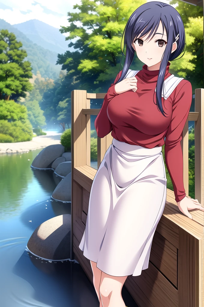 Ayako Hiiragi | Walkure Romanze, masterpiece, best quality, a beautiful sexy mature woman in red sweater and white skirt leaning over railing holding a white purse beside a river, 1girl, breasts, solo, bag, white floral skirt, turtle neck sweater, outdoors, bare shoulder, jewelry, looking at viewer, smile, 