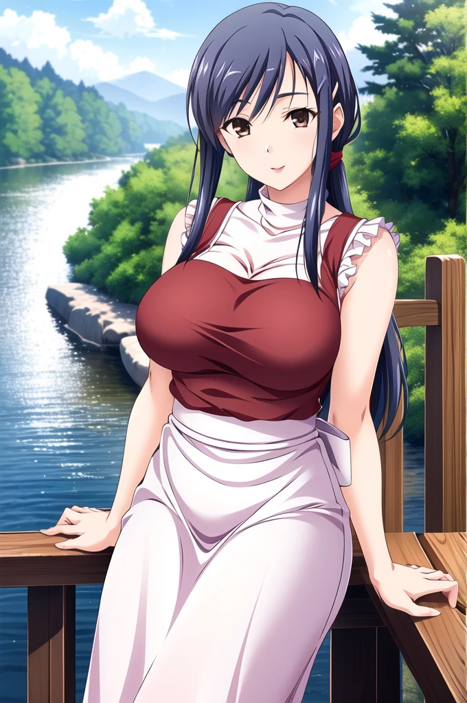 Ayako Hiiragi | Walkure Romanze, masterpiece, best quality, a beautiful sexy mature woman in red sweater and white skirt leaning over railing holding a white purse beside a river, 1girl, breasts, solo, bag, white floral skirt, turtle neck sweater, outdoors, bare shoulder, jewelry, looking at viewer, smile, 