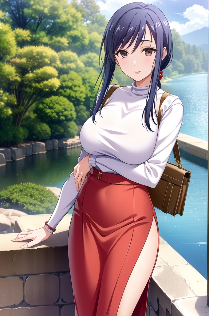 Ayako Hiiragi | Walkure Romanze, masterpiece, best quality, a beautiful sexy mature woman in red sweater and white skirt leaning over railing holding a white purse beside a river, 1girl, breasts, solo, bag, white floral skirt, turtle neck sweater, outdoors, bare shoulder, jewelry, looking at viewer, smile, 