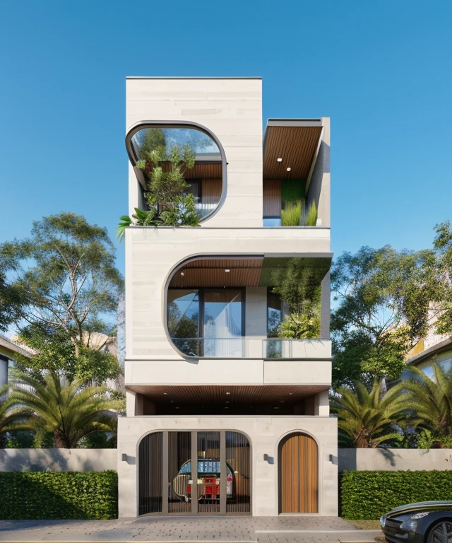 Raw photo,Masterpiece, high quality, best quality, authentic, super detail,
exterior, outdoors, house style modern on the street , curved arch, glass windows, gate, wooden ceiling,
road,pavement, grass, trees, sky, cloud, (day:1.1), vivid colour