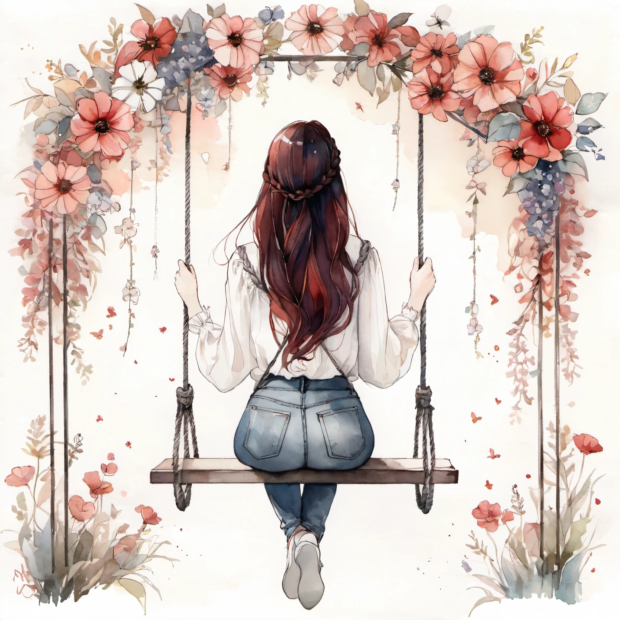 The image A YOUNG GIRL VIEWED FROM THE BACK, SHE IS sitting on a swing, with flowers hanging from the swing and around her. She is wearing a white blouse and jeans and has long wavy and braided red hair. The background is white. The image is hand-drawn and has a sketchy style. Watercolor, Lois van Baarle and Rossdraw,