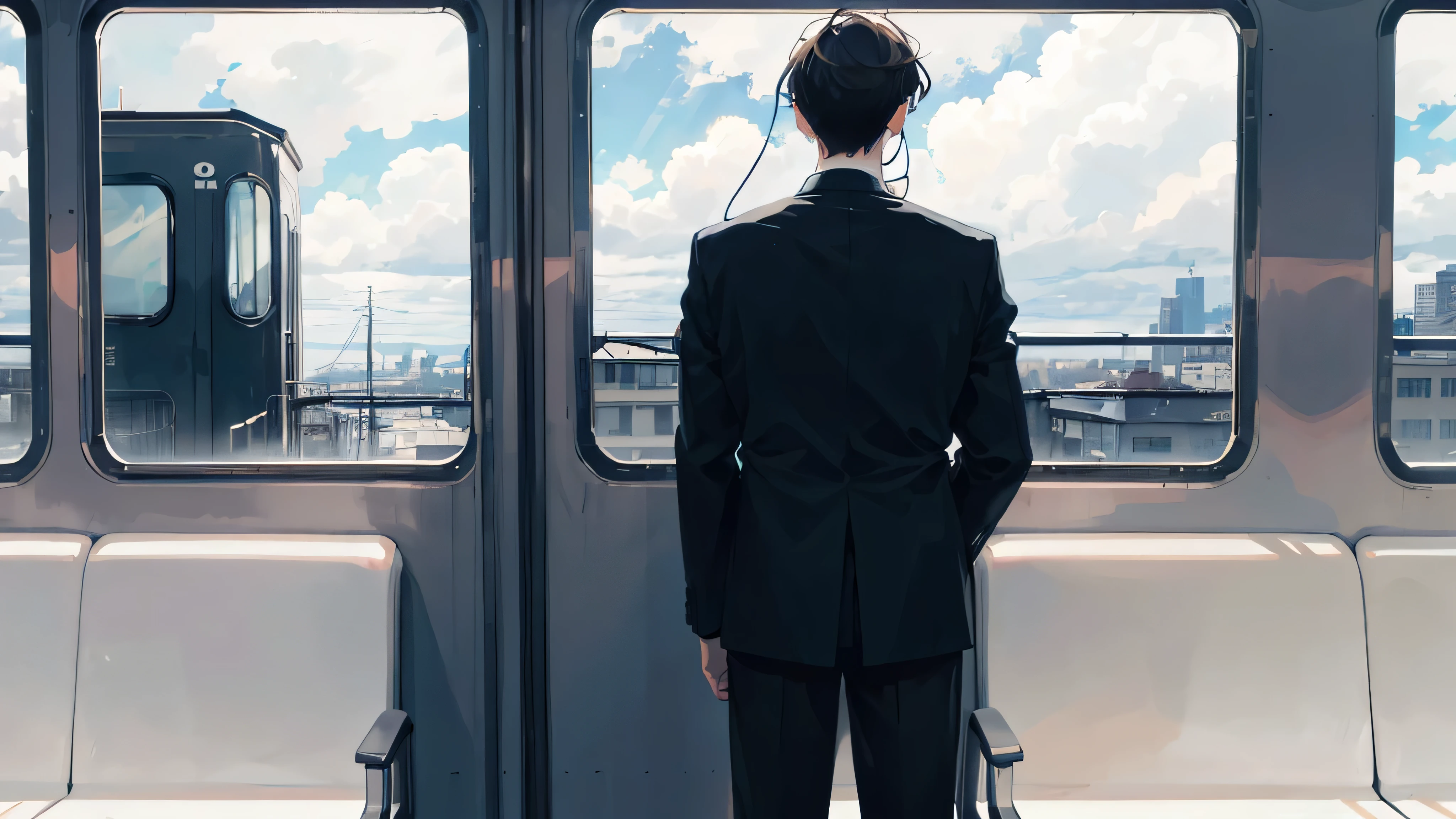 on the train, Train window, Profile of a man in a suit,Looking at the view from the window, commute, Wearing earphones in your ears, Cloudy sky seen from the window