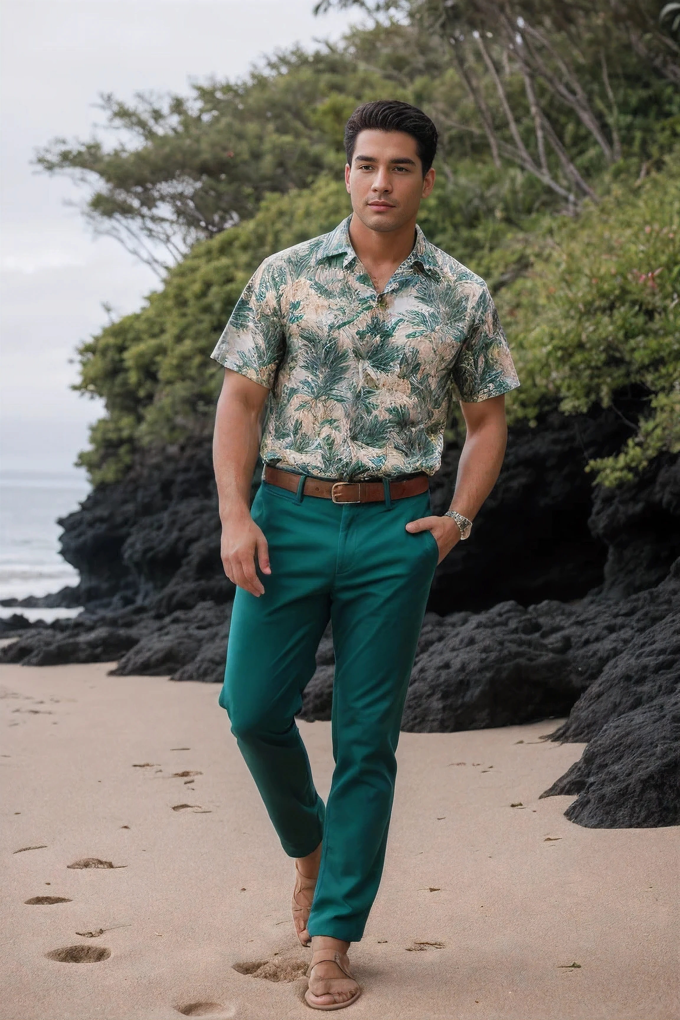 8k uhd, dslr, high quality , RAW photo, Realistic Photography , Full Body, Fujifilm XT3, Canon R5, Handsome Men , beach , Hawaiian shirt and loose green pants