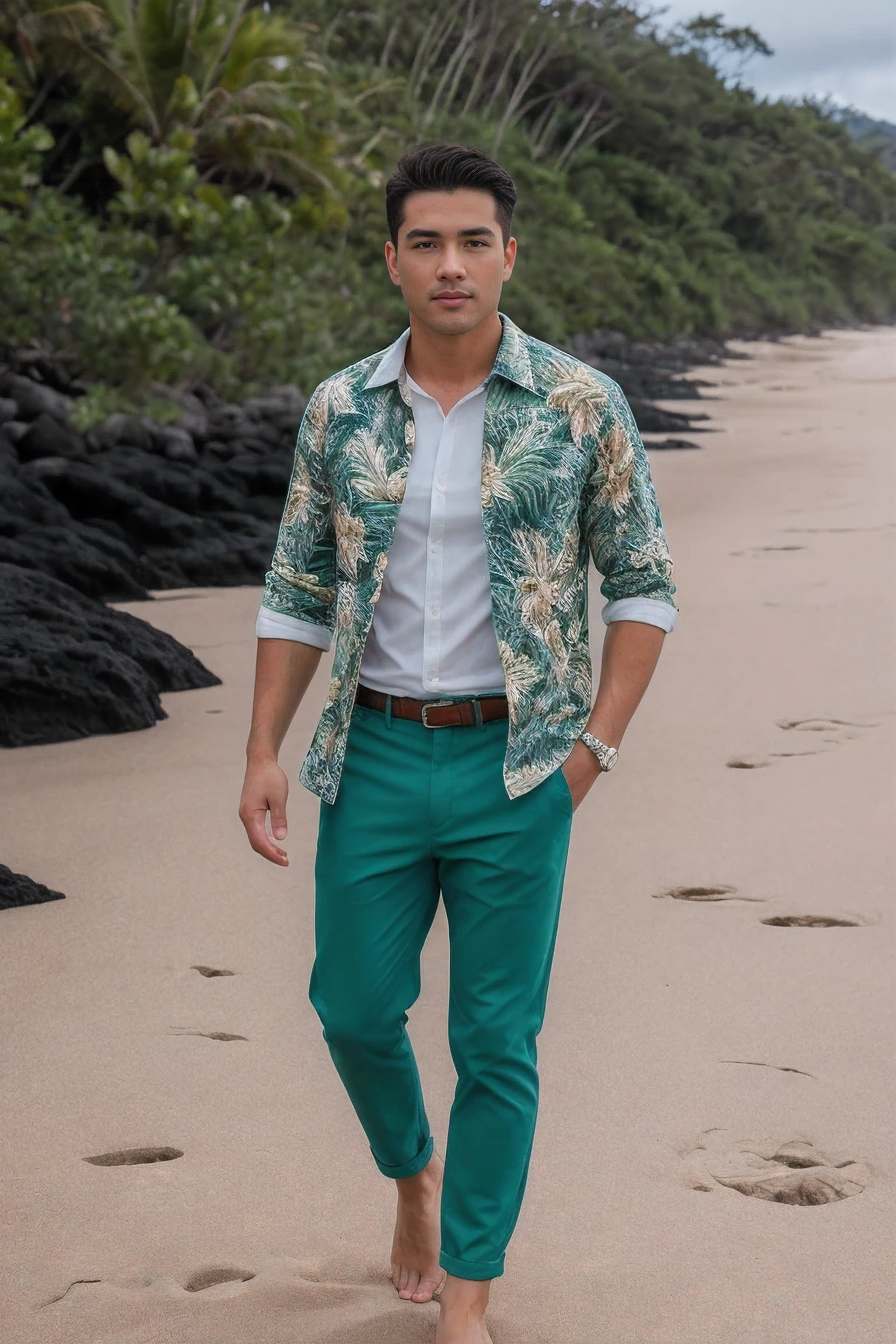 8k uhd, dslr, high quality , RAW photo, Realistic Photography , Full Body, Fujifilm XT3, Canon R5, Handsome Men , beach , Hawaiian shirt and loose green pants