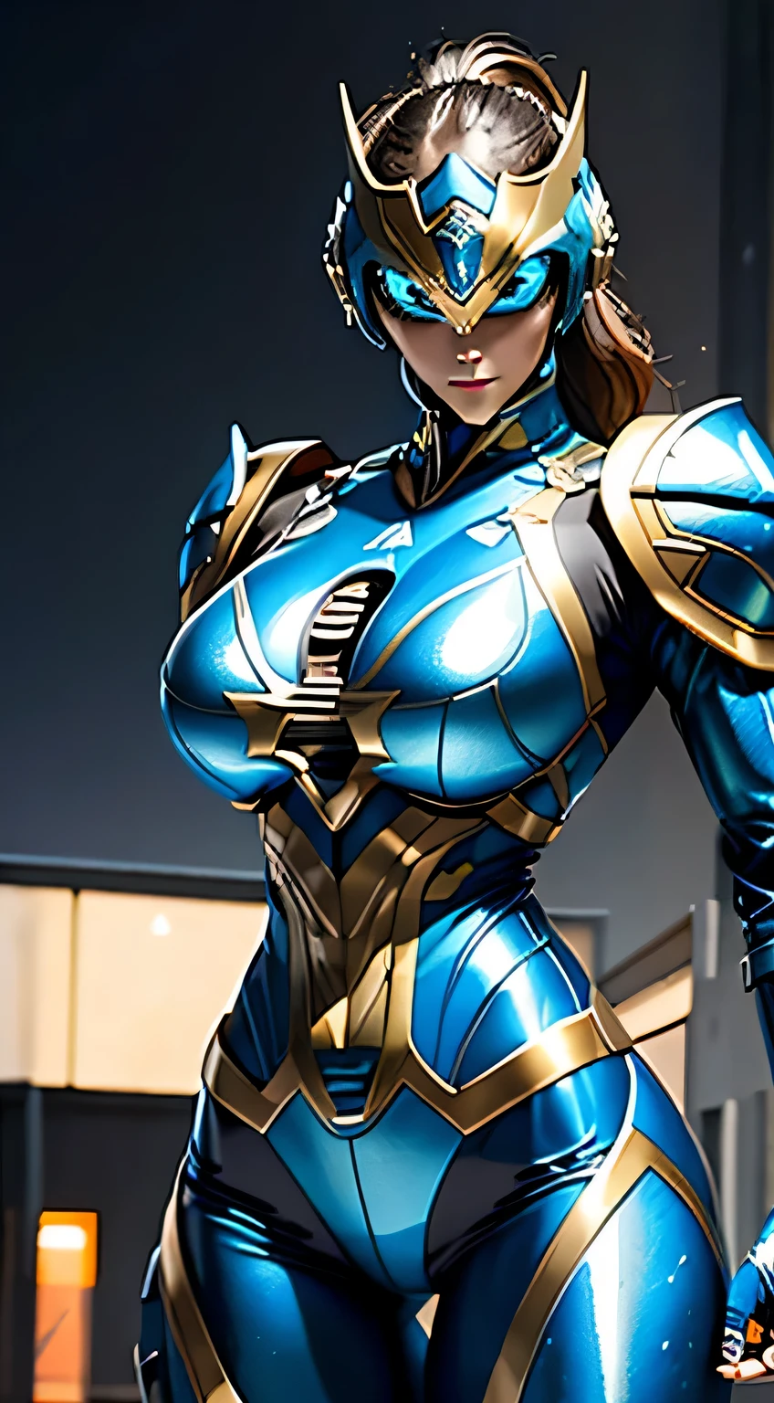 Female Robocop Solo、Bright outdoors、strong light source、8K, high quality, masterpiece, 最high quality、very detailed、Armor that completely covers the whole body、very large armor、Helmet covering the head、clear pictures、The eyes are hidden by thin, straight goggles:1.3、The lower half of the face is raw:1.5、Face exposed from nose down:5.0、Luscious lips、Fluorescent blue metallic armor with thin gold lines、Armor that completely covers the chest、Long, slender legs、Vibrant posel body view,Big and ample breasts:1.5, (Sports Body:1.5)、Five Fingers、Photos in the city