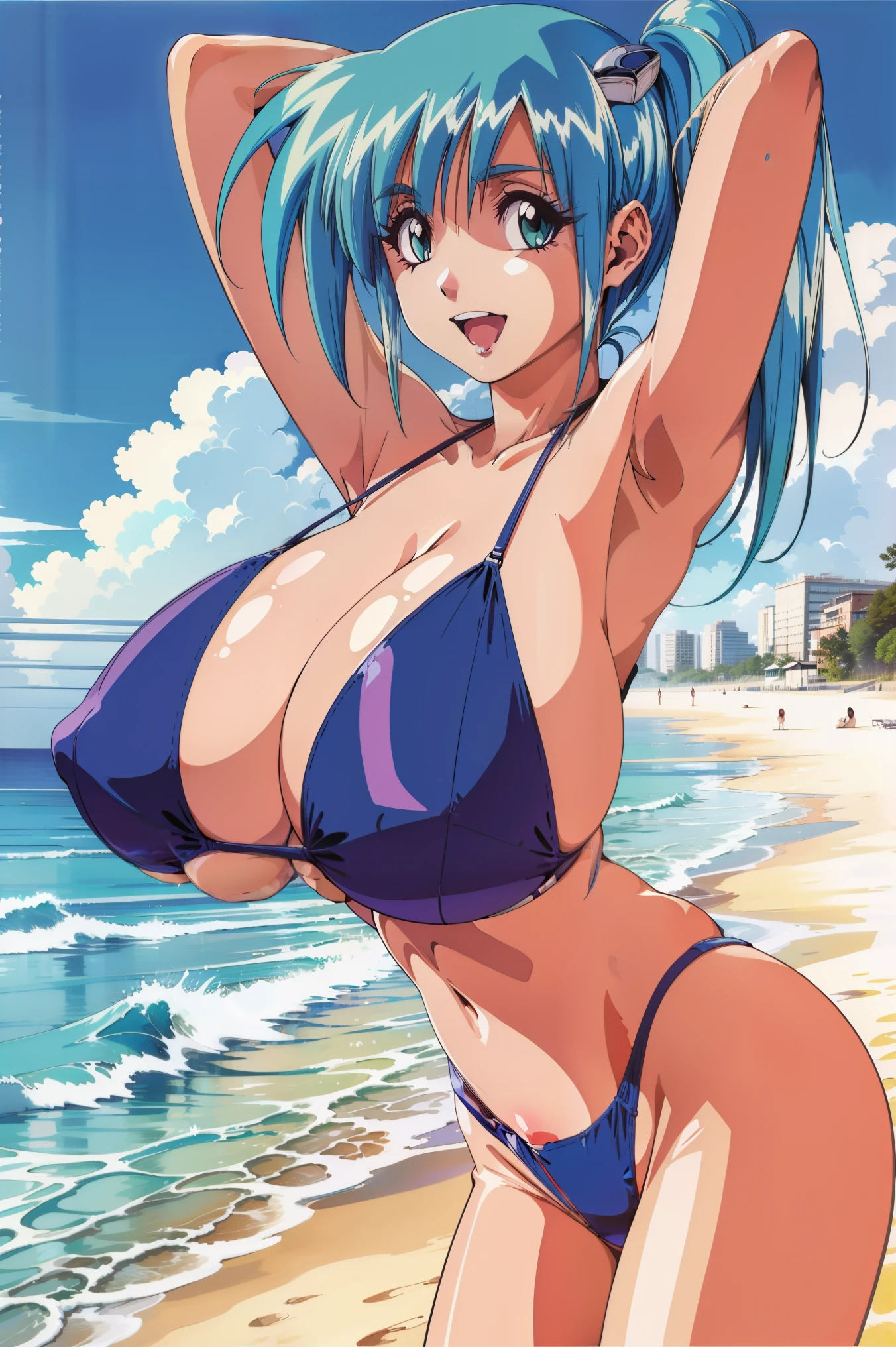 high quality、high resolution、masterpiece、,masterpiece, best quality,1girl, (solo:1.3),standing,diver_misaki,1990s\(style\), aqua hair, side ponytail hair, hair ornament, blue eyes, ,(bikini:1.3),(beach:1.2),(gigantic breasts:1.5),grin,open mouth,leaning forward,arms up