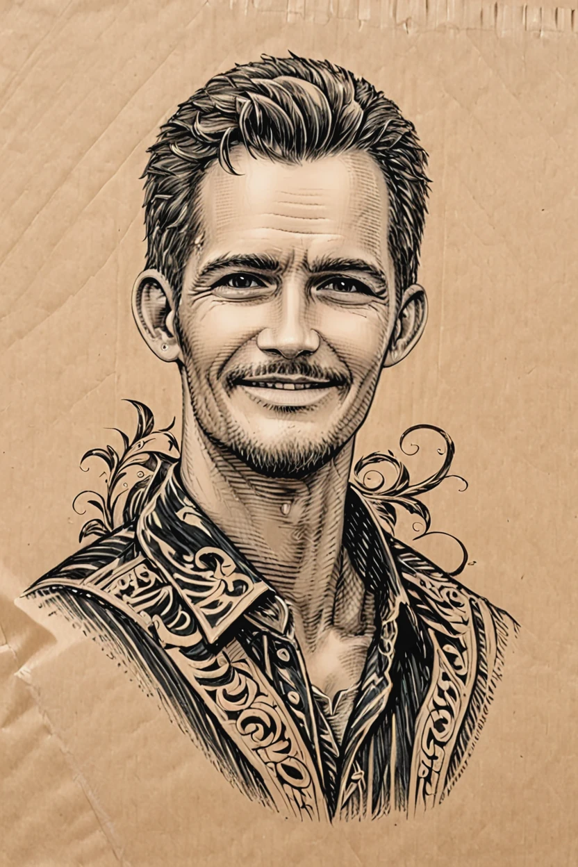 Black and brown drawing of an outdoor man,sly smile from under forehead, on kraft paper, Karl Kopinski, fantasy, highly detailed, Vlop and Krenz Cushart, ornate detailing, Jean-Sebastian Rossbach, James Gene,ebes