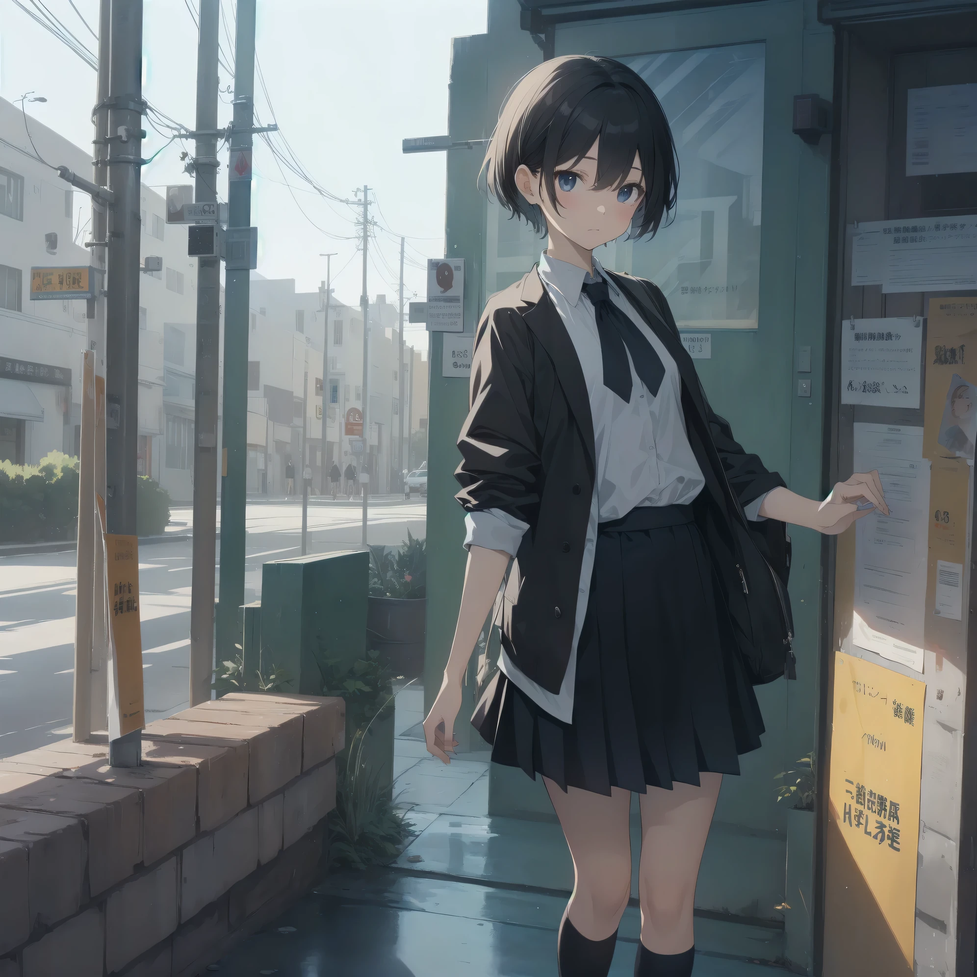 ultra-absurdres-Top quality by artist God, ultra-detailed, high resolution, anime moe artstyle, best anime 8k konachan wallpaper, pixiv contest winner,pool:2810, perfect anatomy,break, 1girl, (Please draw a girl walking sleepily to school alone. )break,(Solo,little female, 13-year-old:1.3),Full limbs, complete fingers,a junior high school student, (very short hair), short cut, flat chest, , small butt, small black eyes, beautiful detailed eyes, well-proportioned iris and pupils, expressive eyes, highres detailed hair, soft expression, school_uniform, official_alternate_costume, neckerchief, collared shirt. pleated skirt,(Detailed Lighting), (Detailed background), in the School commute route. break,super detailed skin, Best cinematic lighting powered by famous artist, 8k,beauty illustration,photoshop_(medium),very aesthetic,break,((artist:ido_(teketeke))), artist:bolze ,artist:oyari_ashito ,artist:kantoku ,