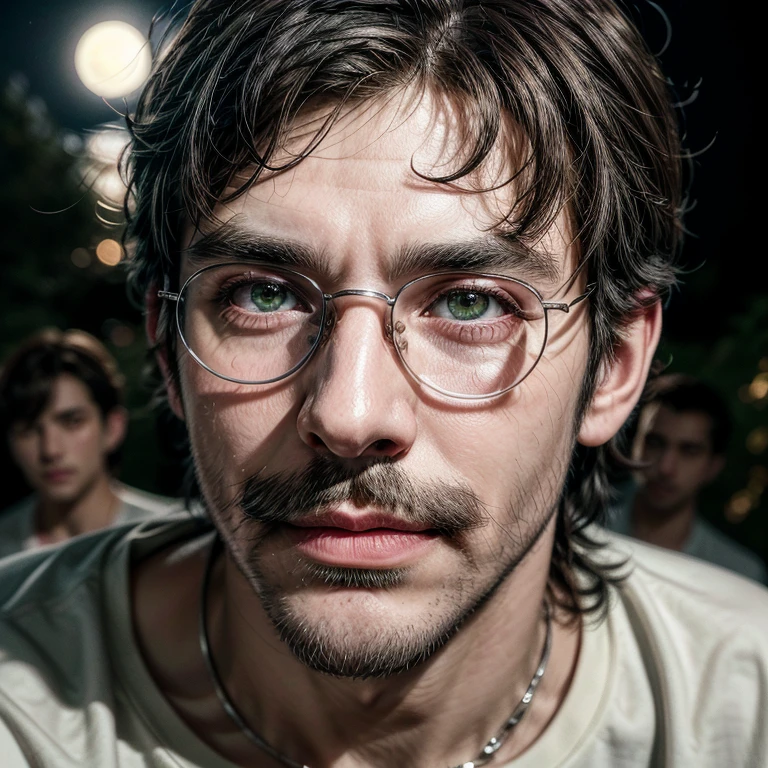 Masterpiece, best, night, full moon, 1male, mature man, man with mustache, glasses, tshirt,silver necklace, brother, royal brother, smile, dark brown hair, dark hair, buzzhair cut, green pupils, hairpin, hydrangea, delicate face, face close-up.